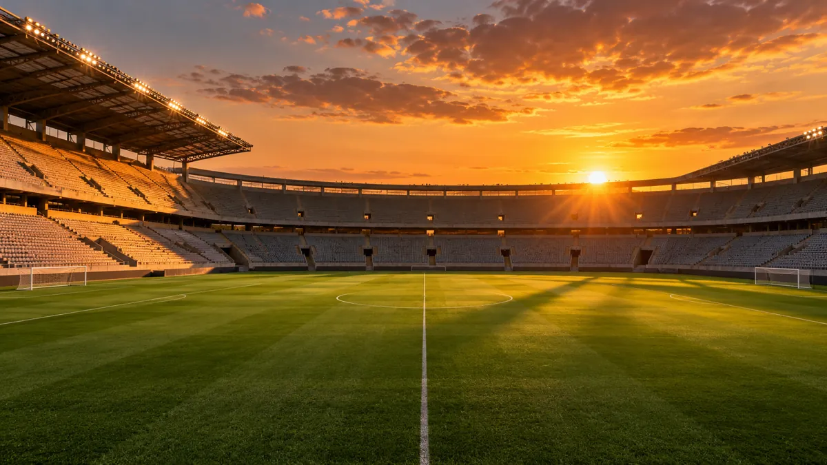 Campo de fútbol iluminado al atardecer